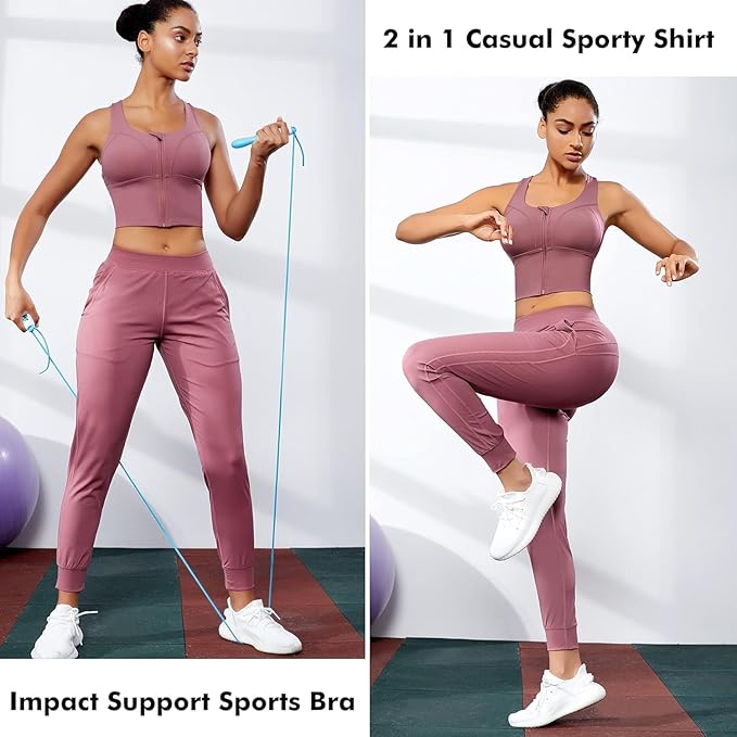 Spandex High Impact Front Zip Sports Bra Longline Fitness Criss Cross Back Crop Tops