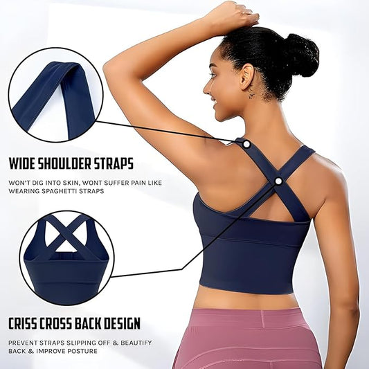 Spandex High Impact Front Zip Sports Bra Longline Fitness Criss Cross Back Crop Tops