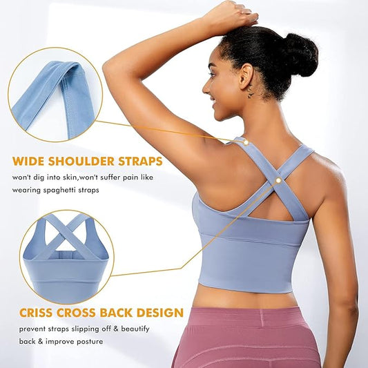 Spandex High Impact Front Zip Sports Bra Longline Fitness Criss Cross Back Crop Tops