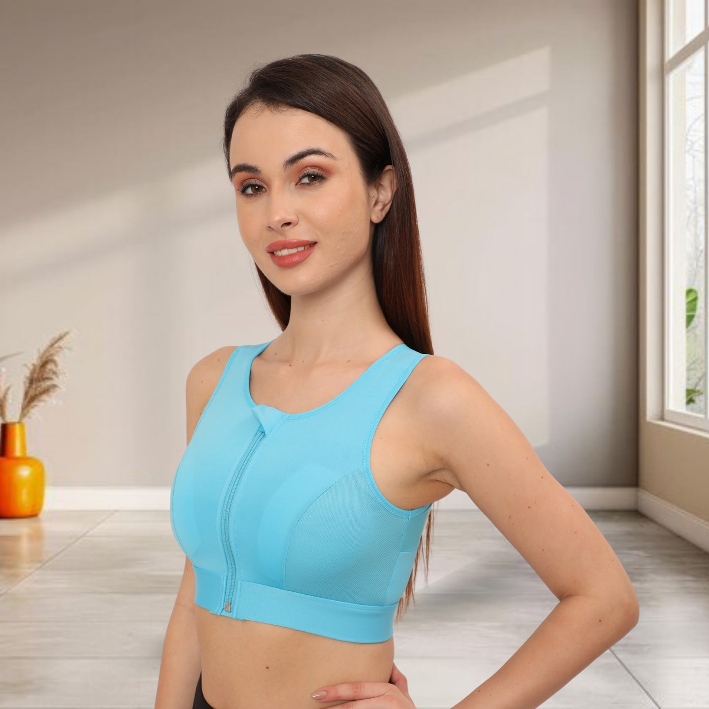 High Impact Mesh Racerback Design with Front Zip, Cushion Straps & Removable Pads