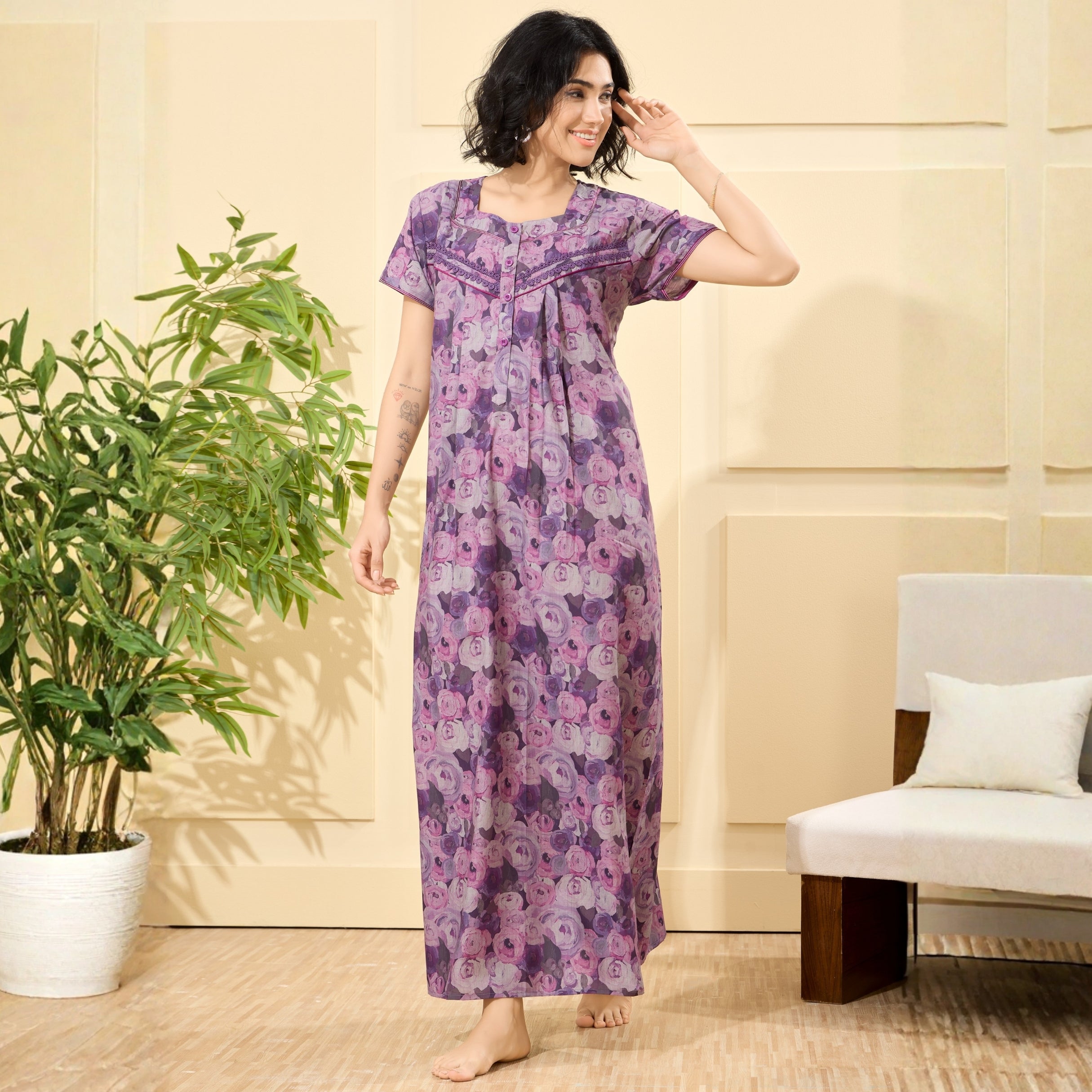 Floral Print Full Length Night Gown