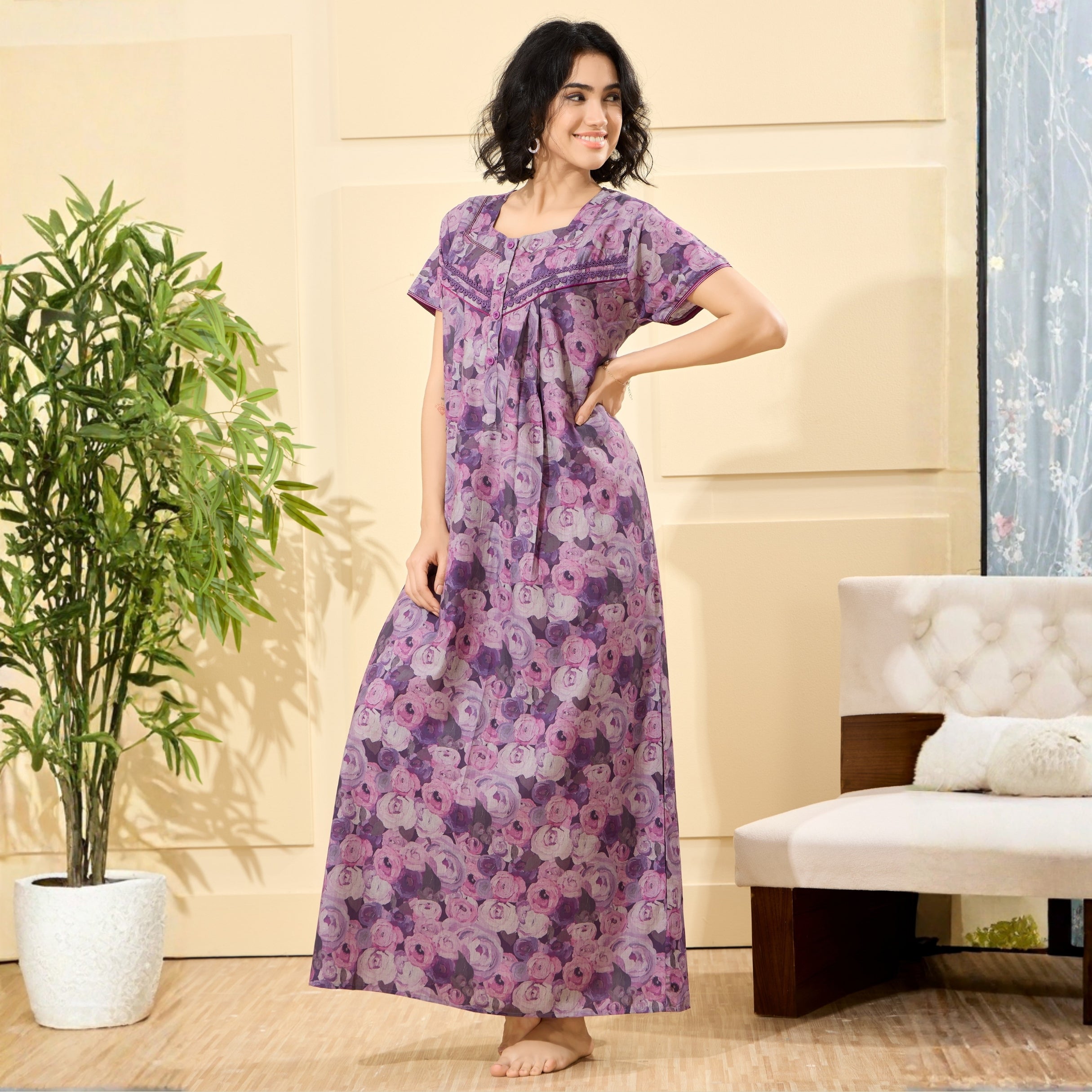 Floral Print Full Length Night Gown