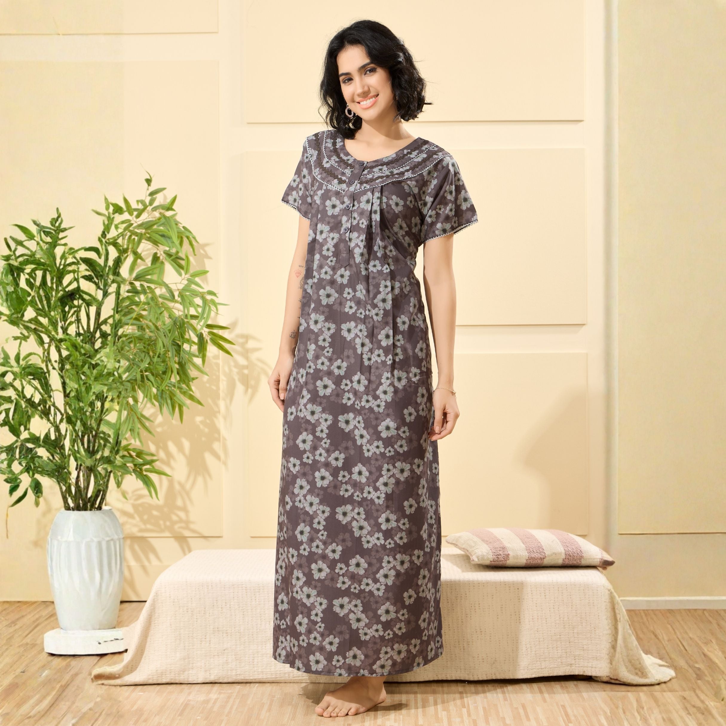 Floral Print Full Length Night Gown