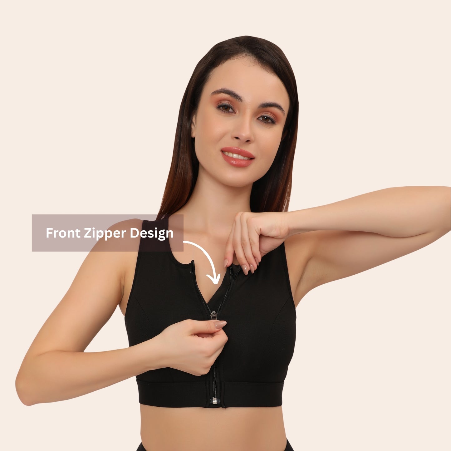 High Impact Mesh Racerback Design with Front Zip, Cushion Straps & Removable Pads