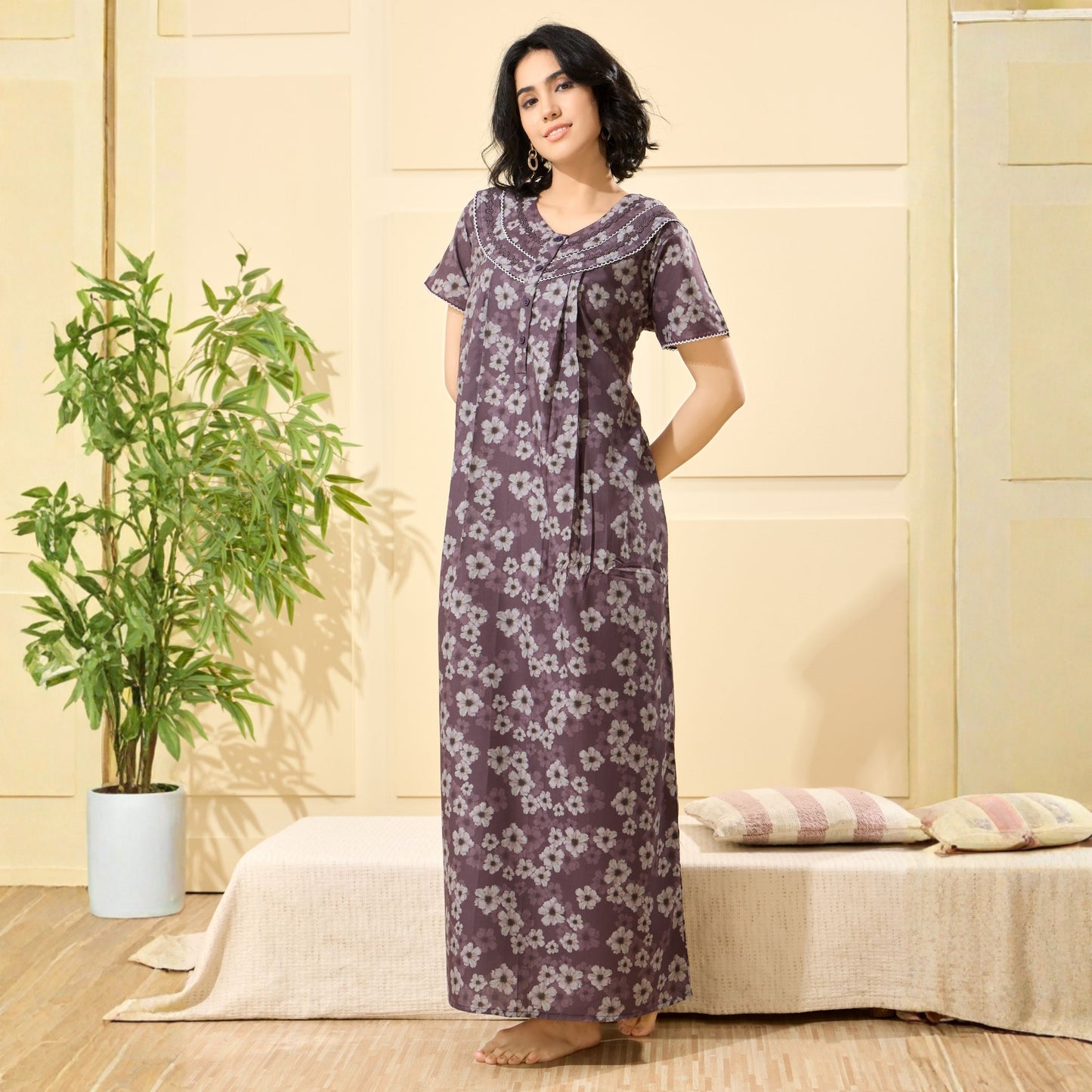 Floral Print Full Length Night Gown