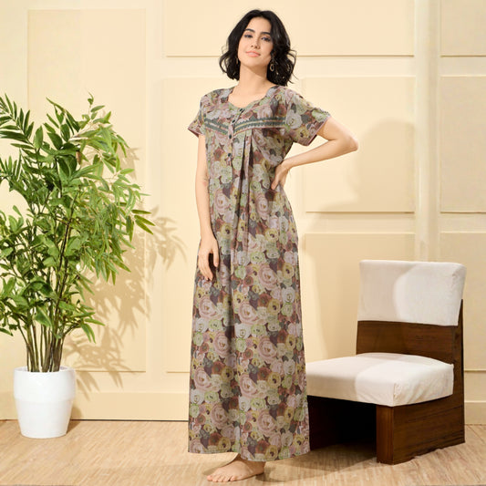 Floral Print Full Length Night Gown