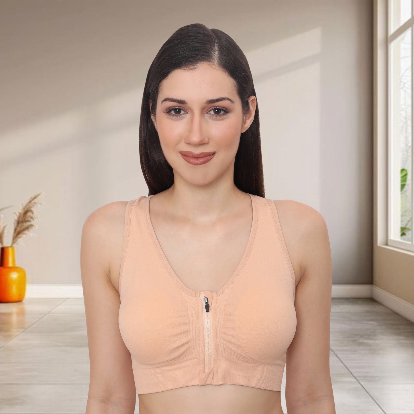 Lightly padded on the front with a front zipper closure