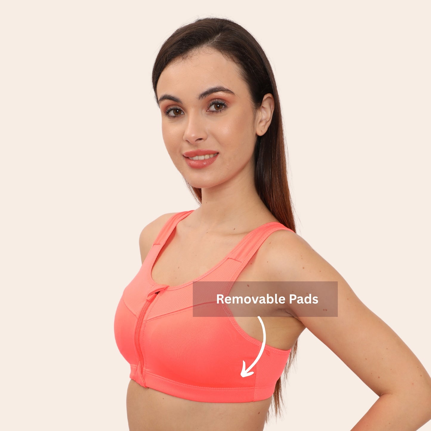 High Impact Racerback Design with Front Zip & Removable Pads