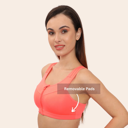 High Impact Racerback Design with Front Zip & Removable Pads