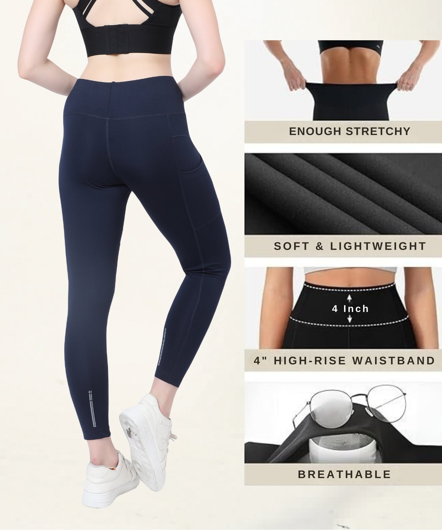 High Waist Gym Leggings with Side Pocket, 4-Way Stretch, Squat-Proof, Moisture-Wicking for Gym, Fitness, Training, Yoga & Activewear