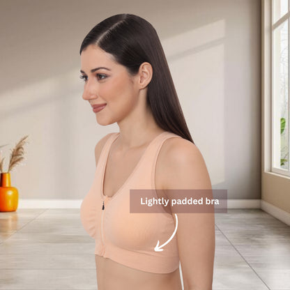 Lightly padded on the front with a front zipper closure