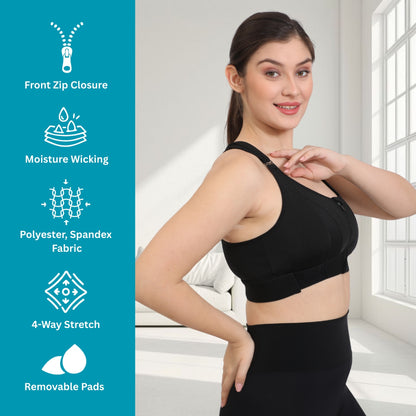 Front Zip Closure Sports Bra | High Support Fit
