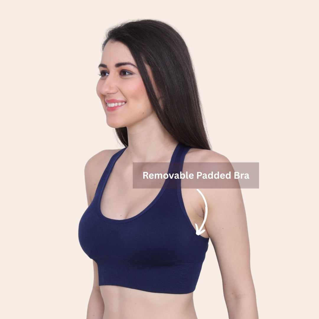 Nylon Spandex Padded Non-Wired Racer Back Sports Bra for Gym, Cardio, Zumba and Yoga