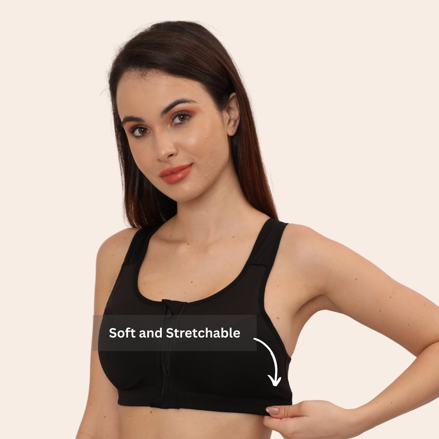 High Impact Racerback Design with Front Zip & Removable Pads