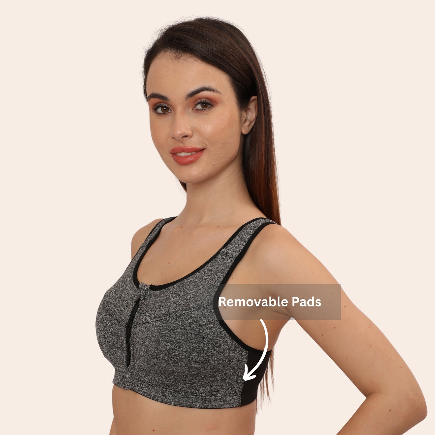 High Impact Racerback Design with Front Zip & Removable Pads