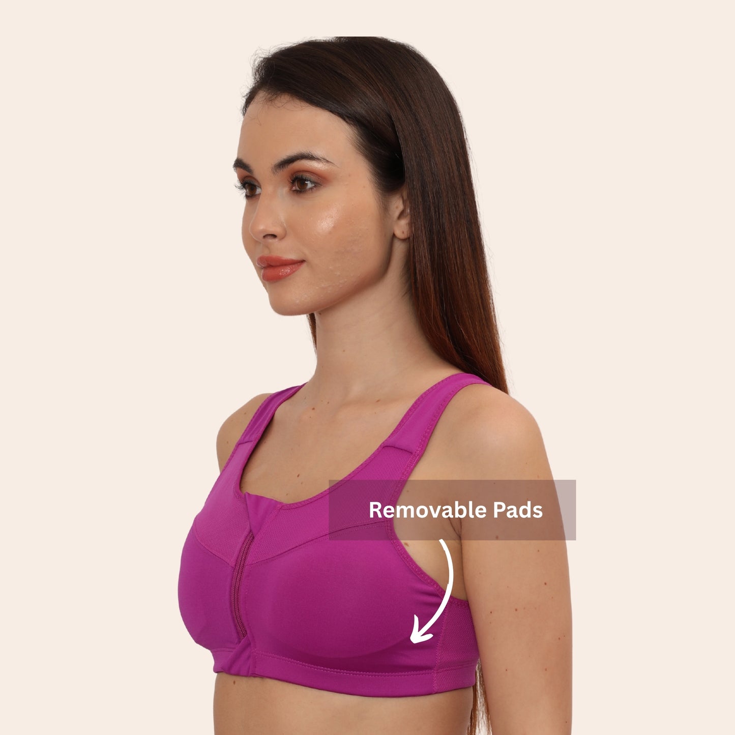 High Impact Racerback Design with Front Zip & Removable Pads