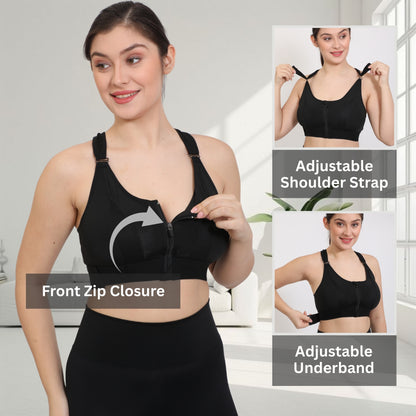 Front Zip Closure Sports Bra | High Support Fit