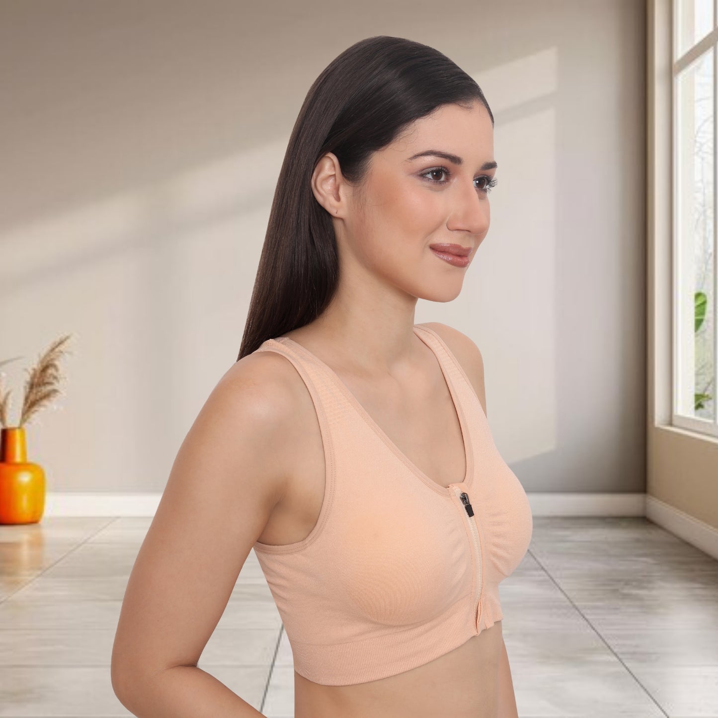 Lightly padded on the front with a front zipper closure