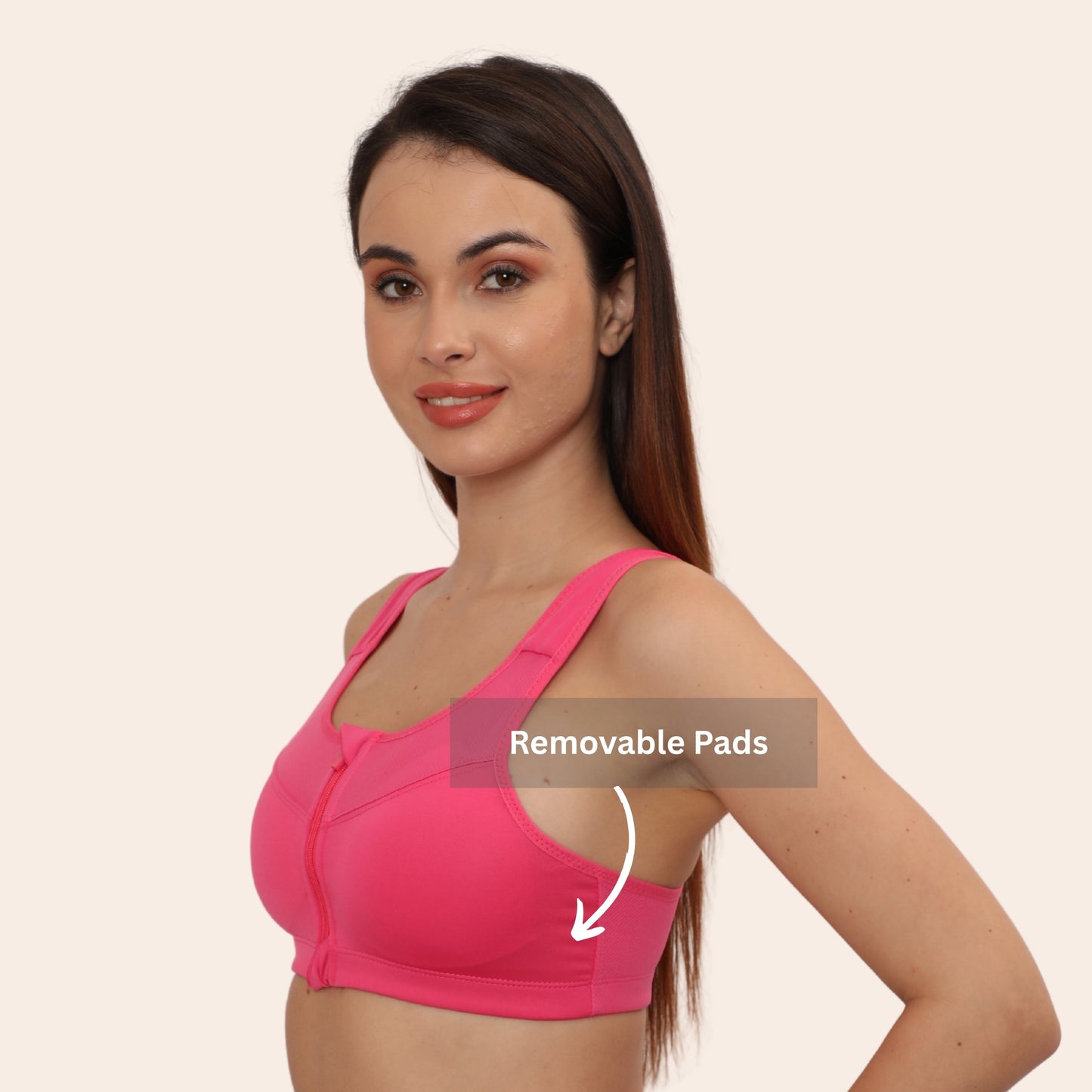 High Impact Racerback Design with Front Zip & Removable Pads