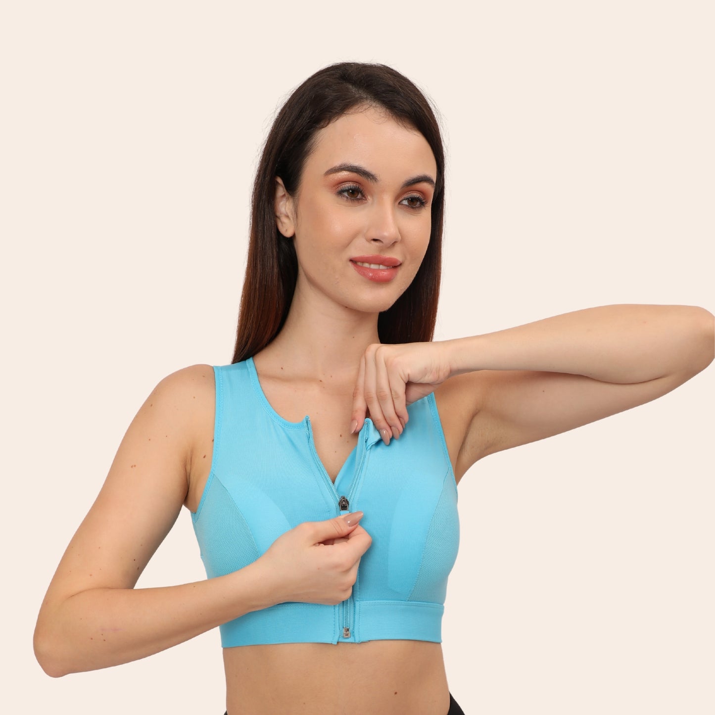 High Impact Mesh Racerback Design with Front Zip, Cushion Straps & Removable Pads