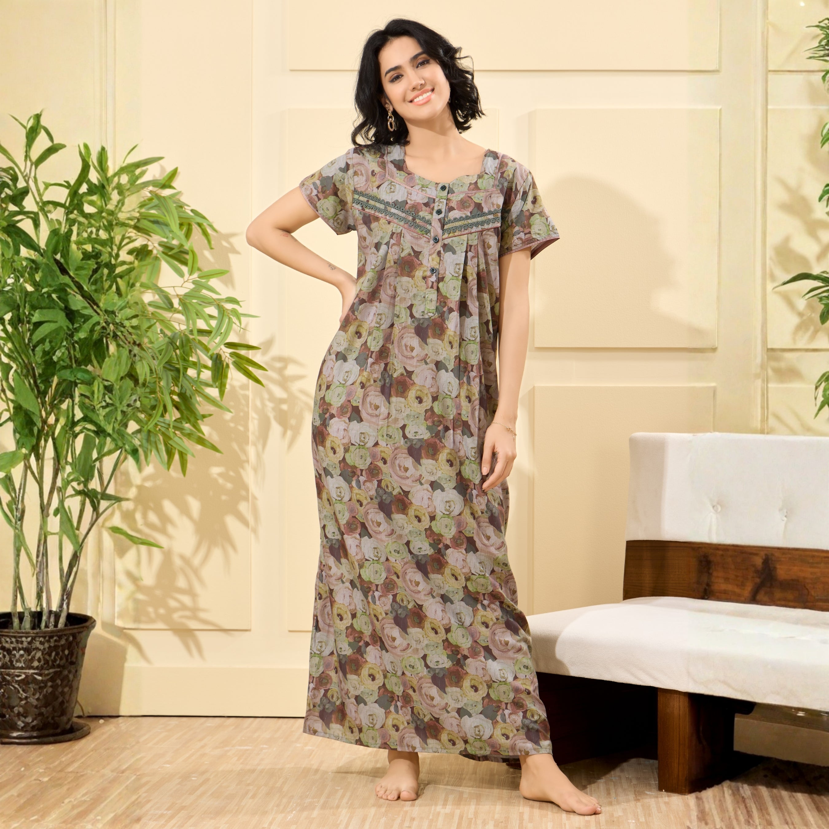 Floral Print Full Length Night Gown