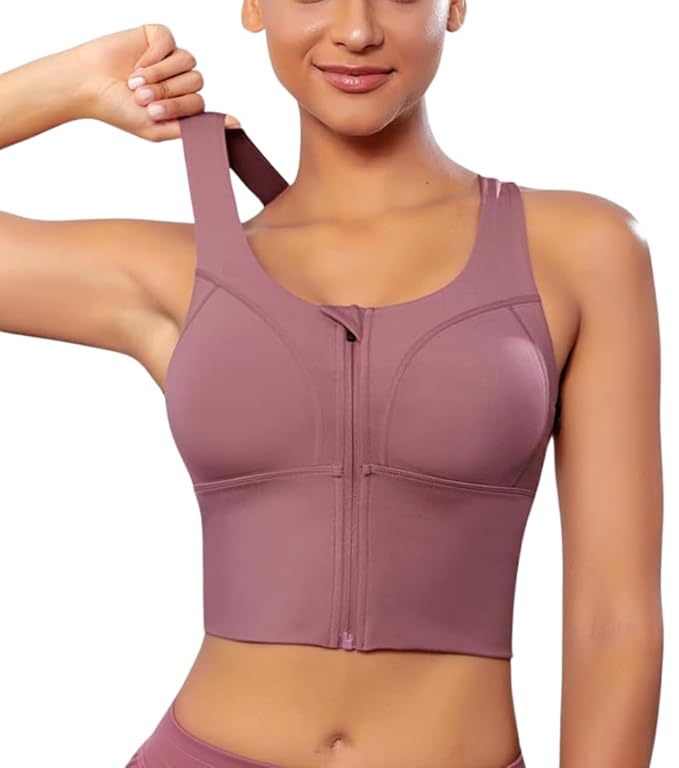 Spandex High Impact Front Zip Sports Bra Longline Fitness Criss Cross Back Crop Tops