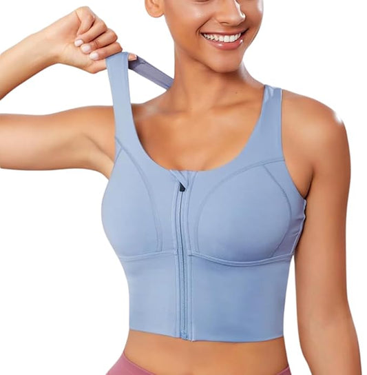 Spandex High Impact Front Zip Sports Bra Longline Fitness Criss Cross Back Crop Tops