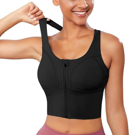 Spandex High Impact Front Zip Sports Bra Longline Fitness Criss Cross Back Crop Tops