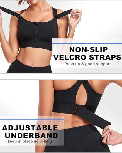 High Impact Front Zip Sports Bra for Gym, Yoga & Workout