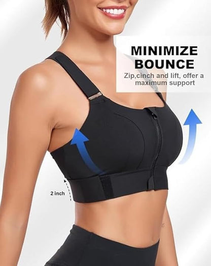 High Impact Front Zip Sports Bra for Gym, Yoga & Workout