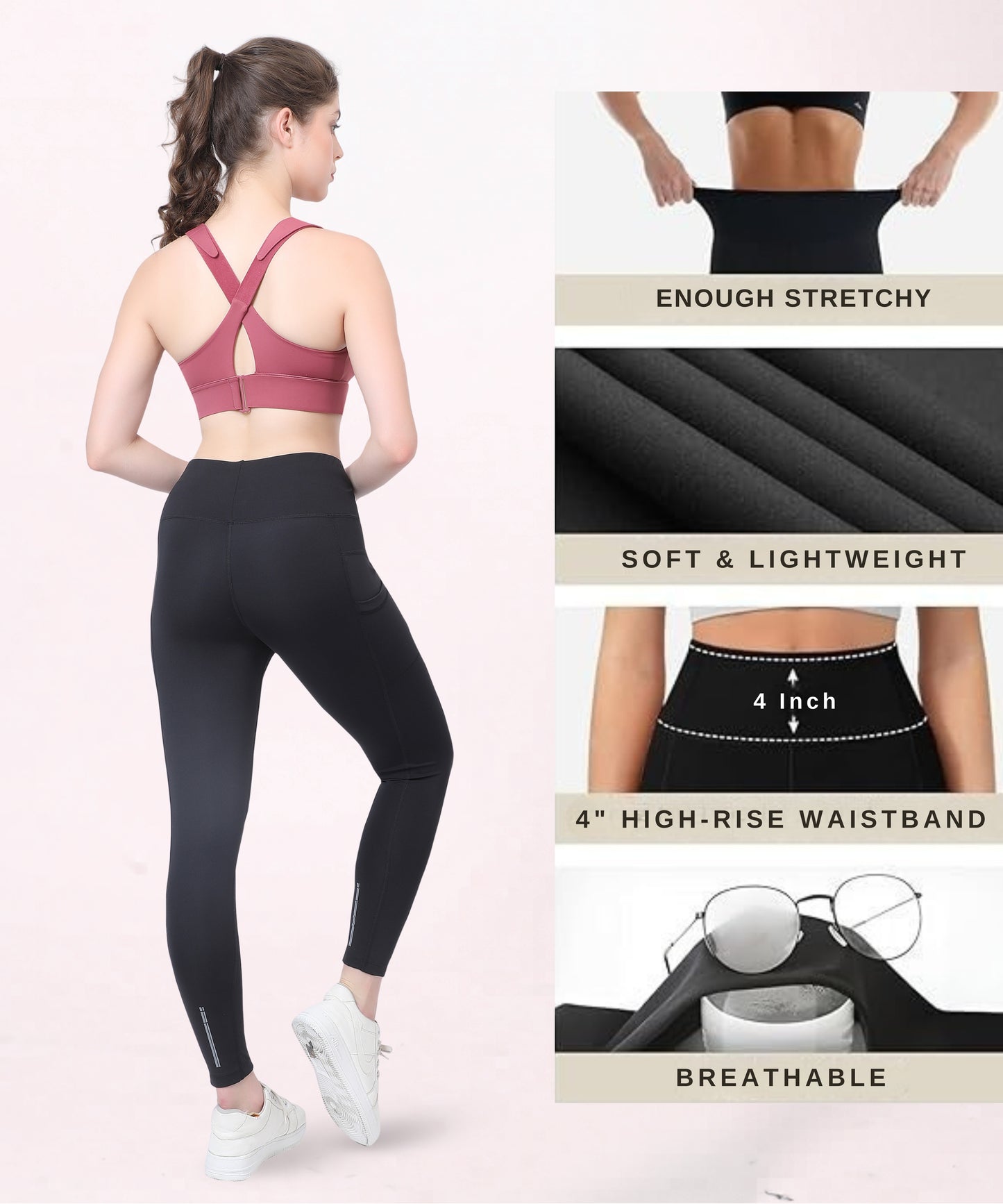 Glamoras Women’s Polyester Spandex High Waist Gym Leggings with Side Pocket, 4-Way Stretch, Squat-Proof, Moisture-Wicking Yoga Pants, Workout Tights for Running, Gym, Fitness, Training, Yoga & Activewear