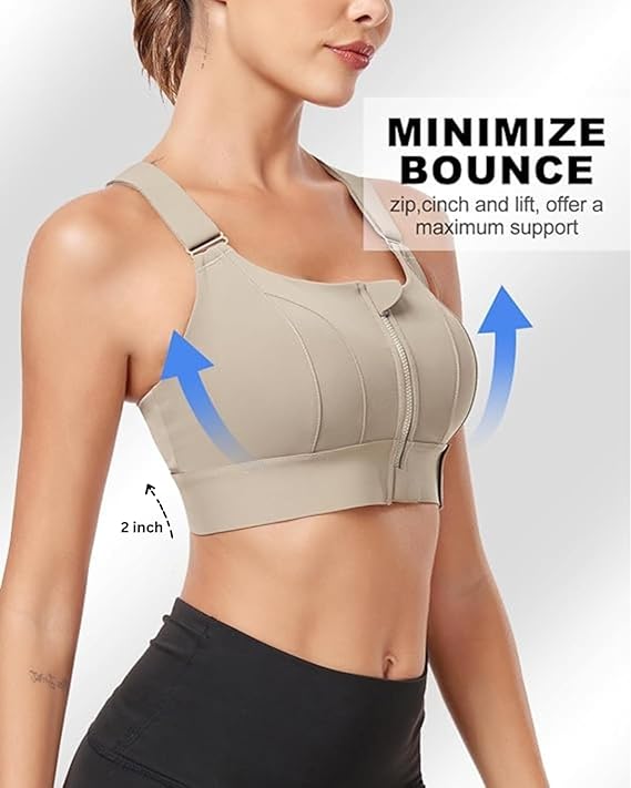 High Impact Front Zip Sports Bra for Gym, Yoga & Workout