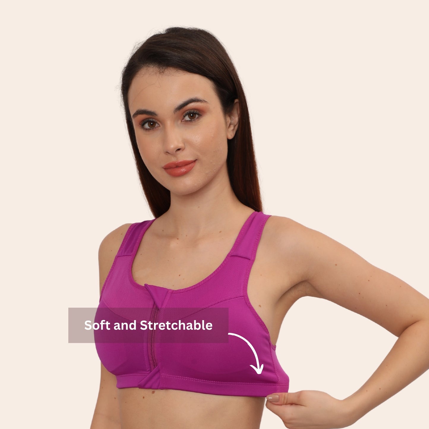 High Impact Racerback Design with Front Zip & Removable Pads