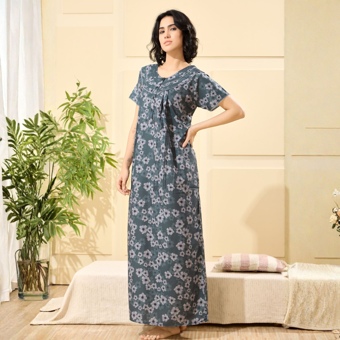 Floral Print Full Length Night Gown