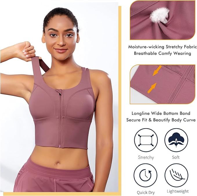 Spandex High Impact Front Zip Sports Bra Longline Fitness Criss Cross Back Crop Tops