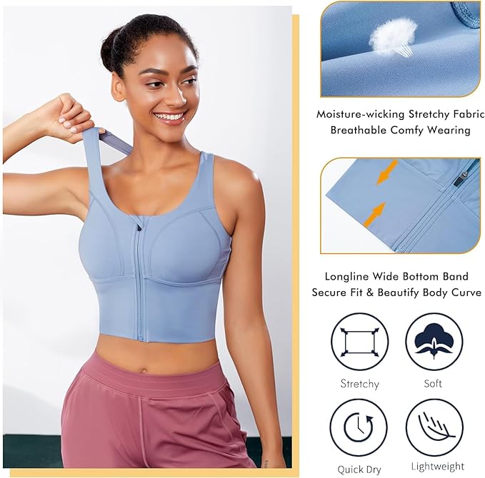 Spandex High Impact Front Zip Sports Bra Longline Fitness Criss Cross Back Crop Tops