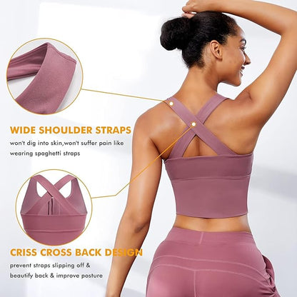 Spandex High Impact Front Zip Sports Bra Longline Fitness Criss Cross Back Crop Tops
