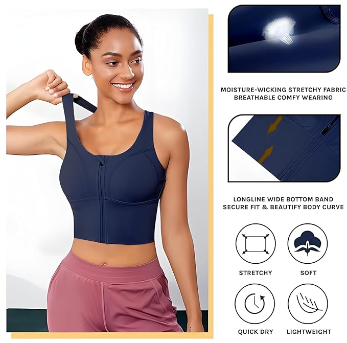Spandex High Impact Front Zip Sports Bra Longline Fitness Criss Cross Back Crop Tops