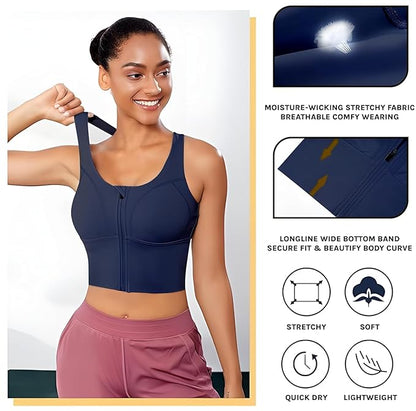 Spandex High Impact Front Zip Sports Bra Longline Fitness Criss Cross Back Crop Tops