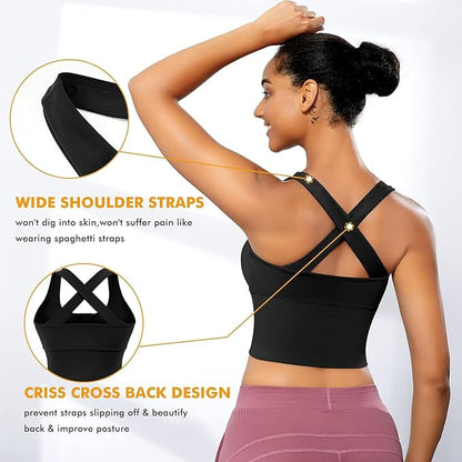 Spandex High Impact Front Zip Sports Bra Longline Fitness Criss Cross Back Crop Tops