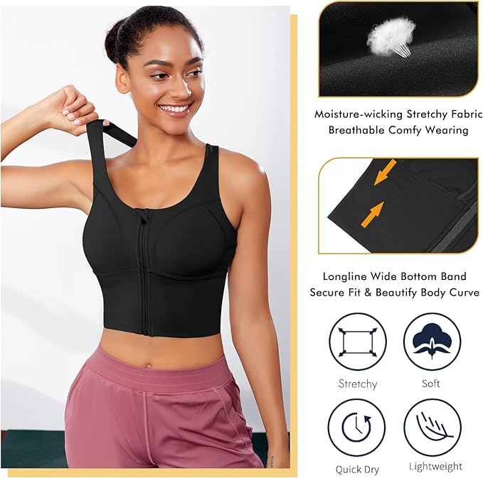Spandex High Impact Front Zip Sports Bra Longline Fitness Criss Cross Back Crop Tops