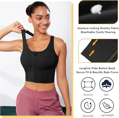 Spandex High Impact Front Zip Sports Bra Longline Fitness Criss Cross Back Crop Tops