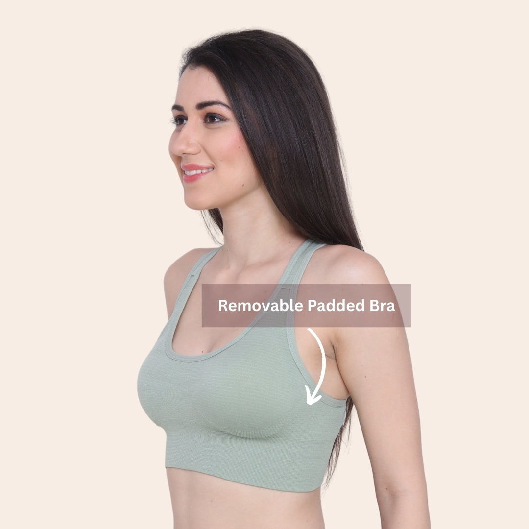 Nylon Spandex Padded Non-Wired Racer Back Sports Bra for Gym, Cardio, Zumba and Yoga