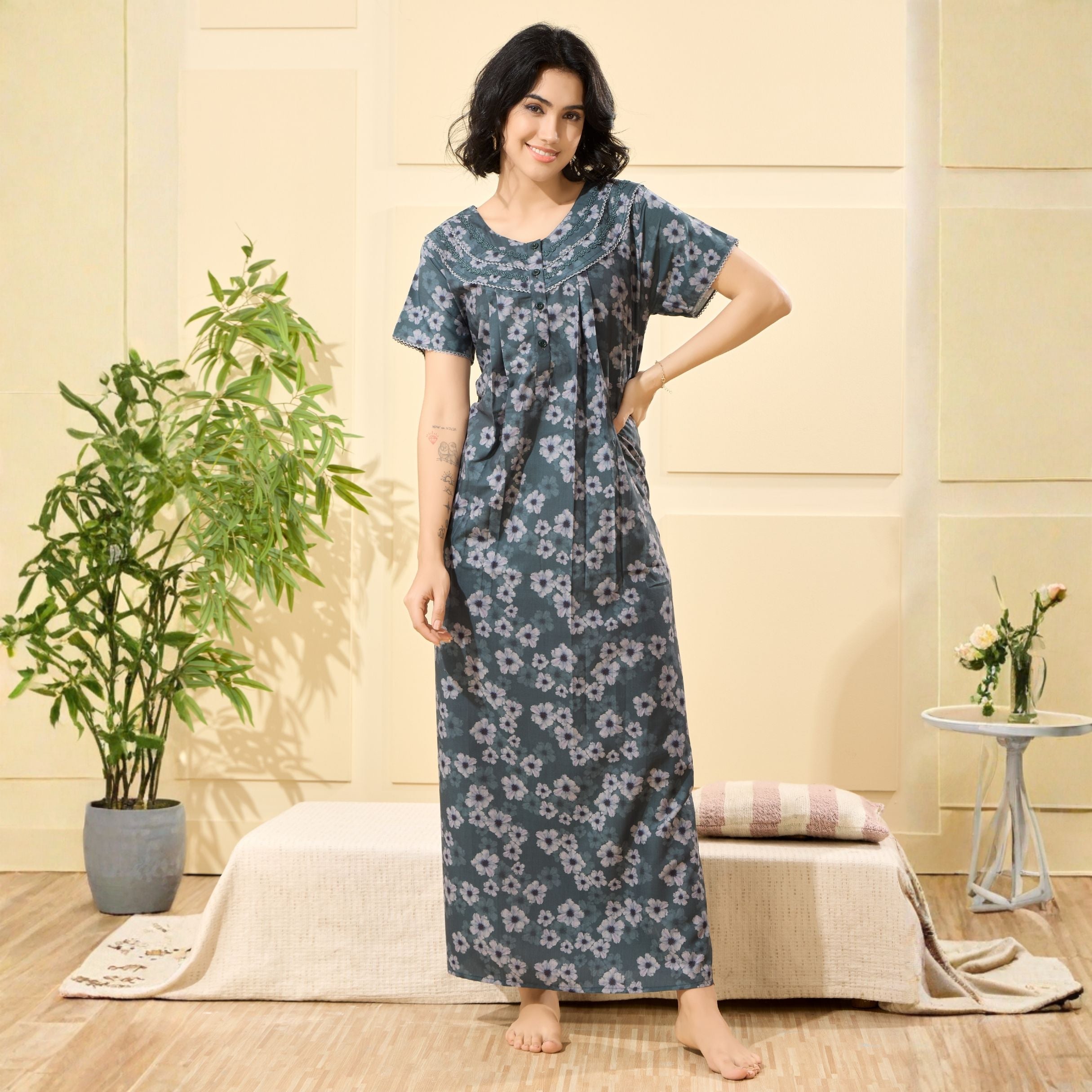 Floral Print Full Length Night Gown