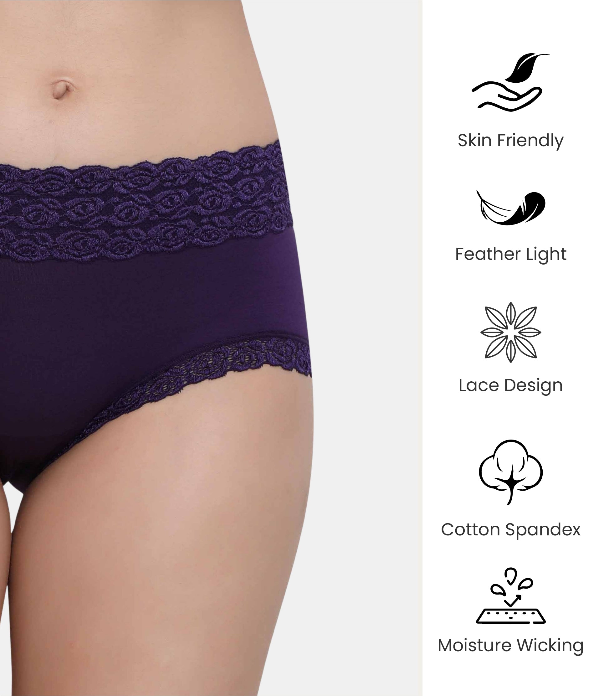 Cotton Lace Spandex Mid Rise Full Coverage Hipster Panty