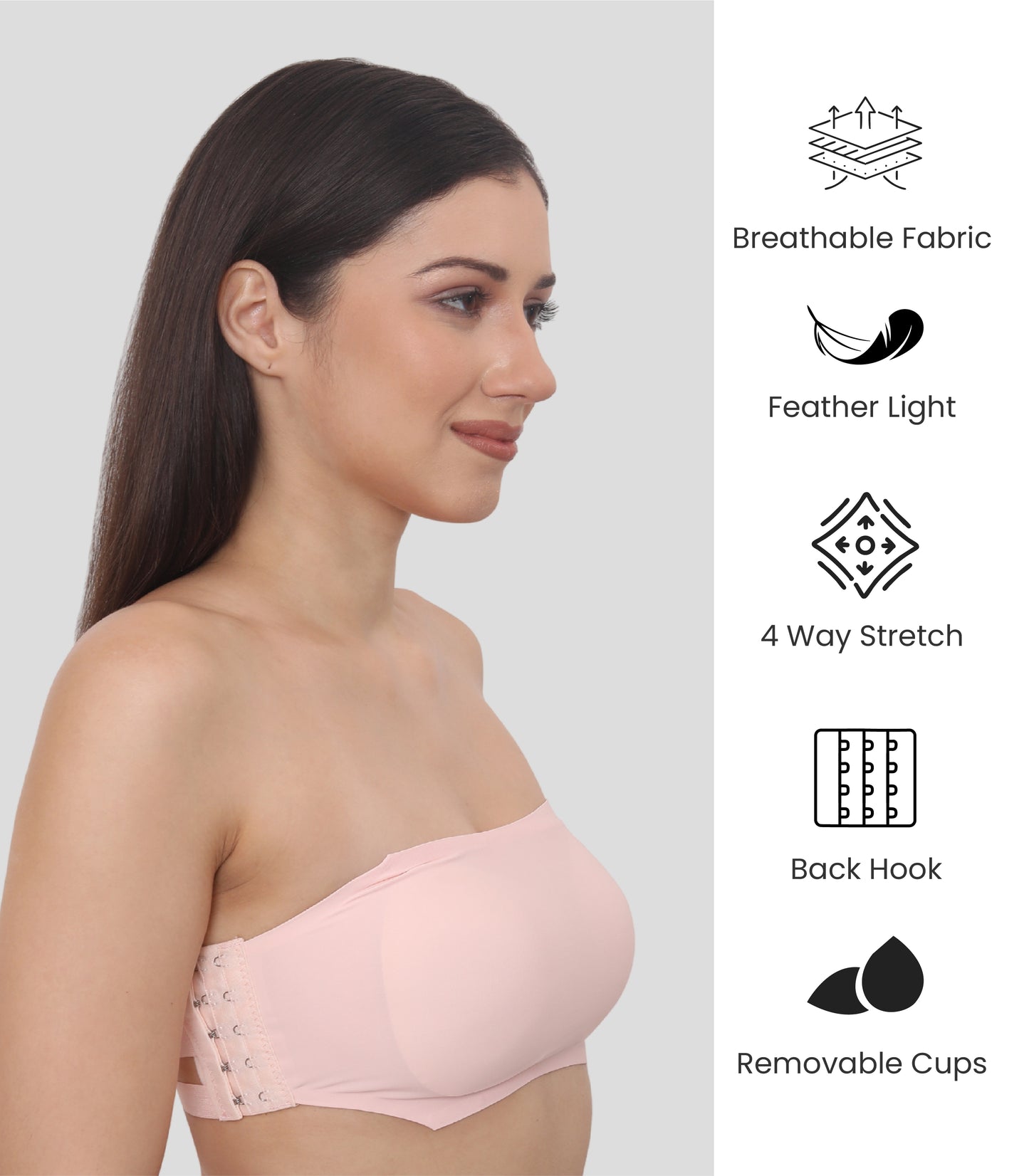 Nylon Spandex Padded Wire Free Seamless Strapless Back Hook Tube Bra with Removable Pads