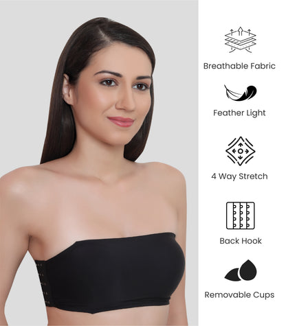 Nylon Spandex Padded Wire Free Seamless Strapless Back Hook Tube Bra with Removable Pads