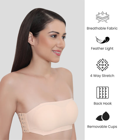 Nylon Spandex Padded Wire Free Seamless Strapless Back Hook Tube Bra with Removable Pads