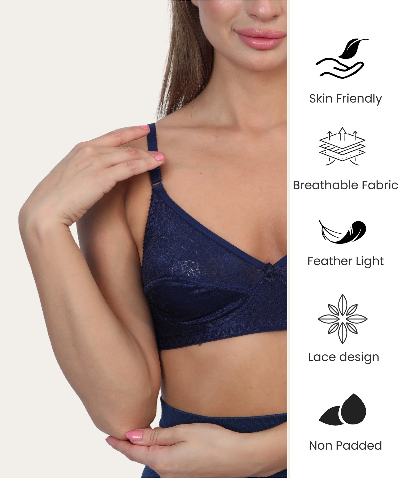 Poly Cotton PC Interlock Fabric Full Coverage Non-Padded Non-Wired Adjustable Straps Everyday Bra